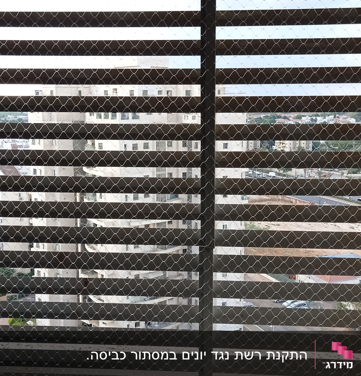 רשת מתכת על חלון למניעת כניסת יונים